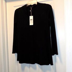New w/$148 Tag Eileen Fisher Viscose Jersey Black Bracelet Sleeve V-Neck Top